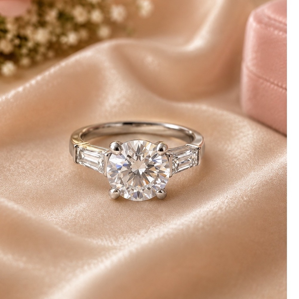Vintage CZ Round Solitaire Ring Baguette Sides Silver Tone Engagement Sz 7.25